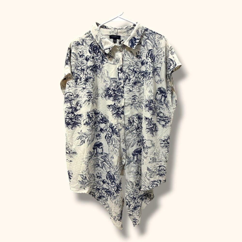 Tamara H Blouse Womens 3X Toile Print Button Front Tie Hem Lightweight Cream